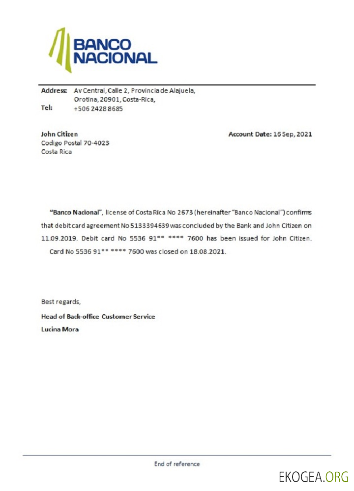 Référence Costa Rica , Banco Nacional , closure